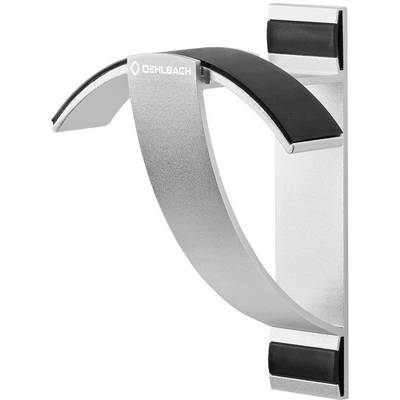 Wall-mounted headphone stand made of metal and plastic, with a curved arm and non-slip surface.