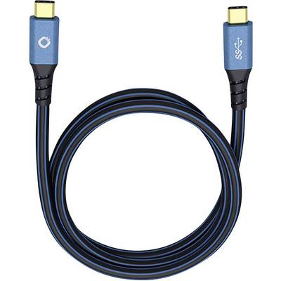 Blue USB-C cable with a black stripe and USB and logo symbols on the connectors.