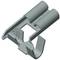 Metal clip in grey, suitable for cable fastening on walls or other surfaces. It has two round slots and a mounting tab.