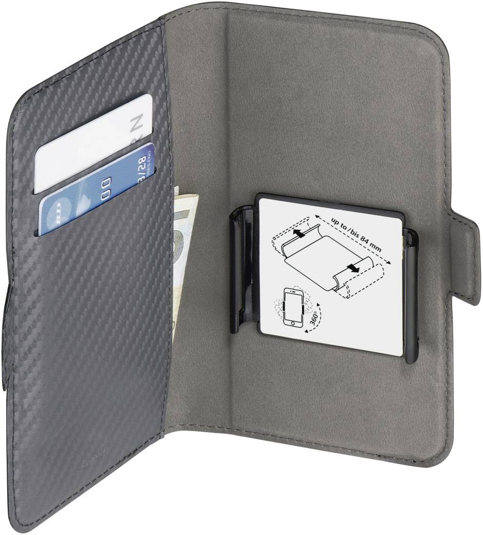 Open grey mobile phone case with credit card slots, a banknote and an instruction manual for the phone holder inside.
