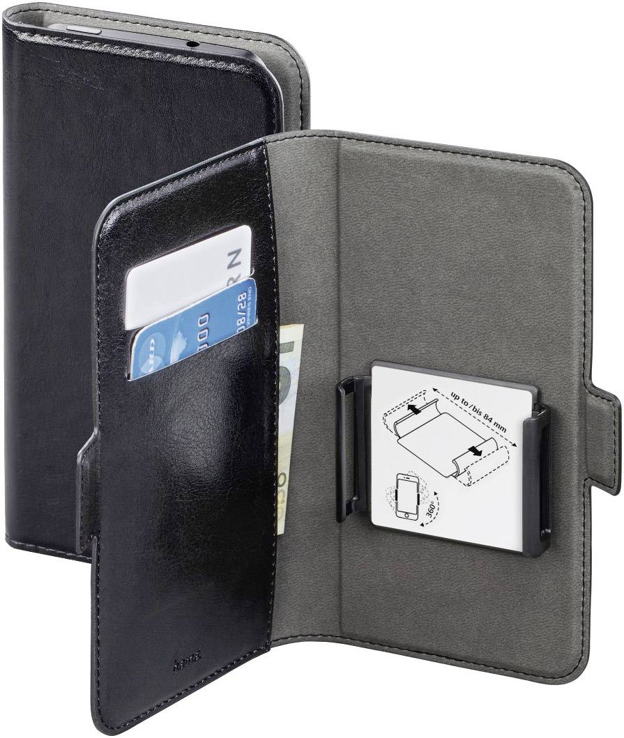 A black leather smartphone case, showing two compartments: one with a credit card and a banknote, the other with a phone holder.