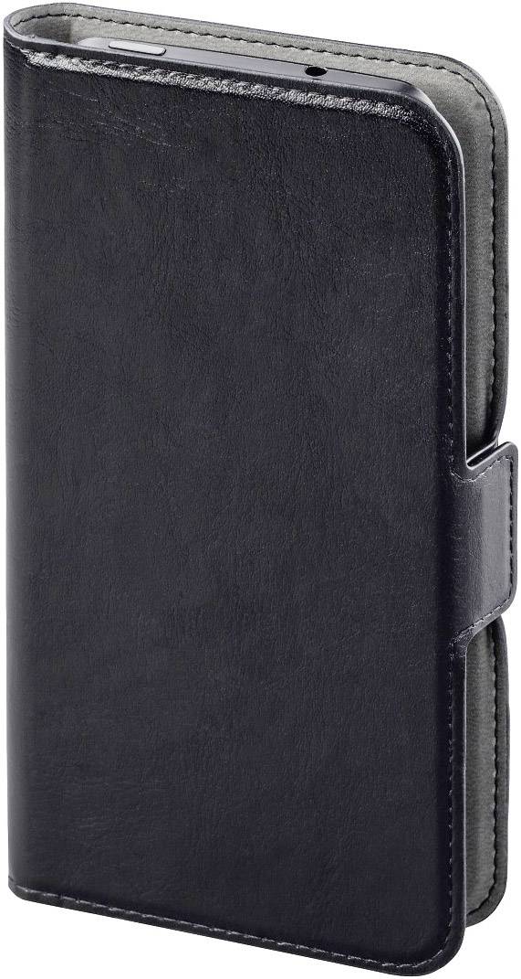 A black leather mobile phone case is closed, with a magnetic clasp on the side. It serves to protect and enhance the aesthetic of a smartphone.