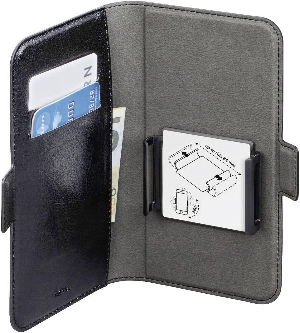 An opened black leather wallet with card slots containing a credit card, a bank card, and banknotes.