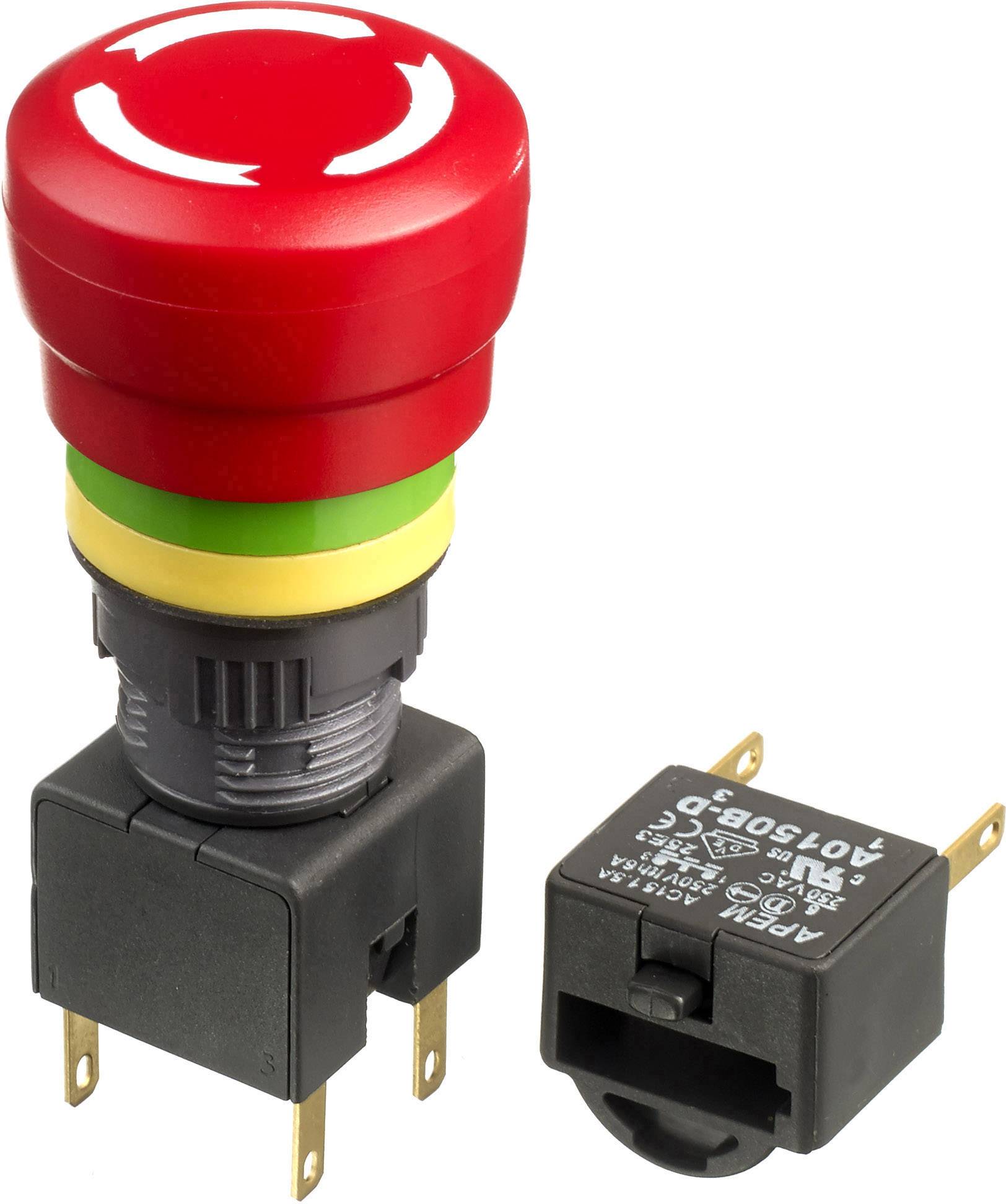A red emergency stop switch next to a plastic component that belongs to the switch. The switch has yellow and green stripes.