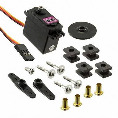 A servo motor with cable and accessories including screws, plastic arms, and mounting parts, on a white background.