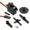Small servo motor set consisting of a motor with multiple levers, a circular disc, and a mounting screw set.