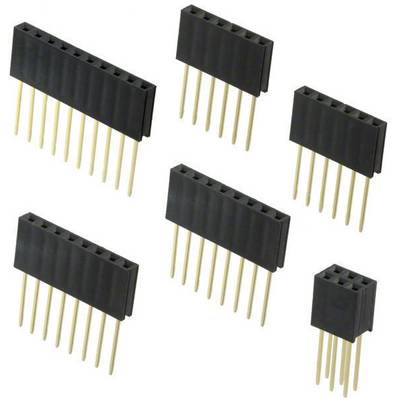 Six black, single-row pin socket strips with golden contact pins, of varying lengths, on a white background.