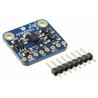 A blue sensor chip with multiple connection pins and the label 'MMA8451' alongside a single-row pin header.