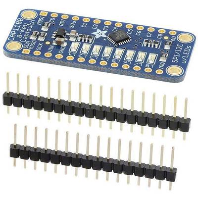 'Adafruit CAP1188' sensor electronics board with a blue surface and metallic plug contacts in two rows underneath.