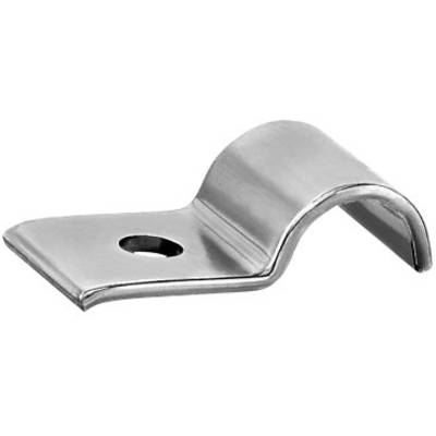 Metal clip with a hole for securing, suitable for mounting cables or hoses.