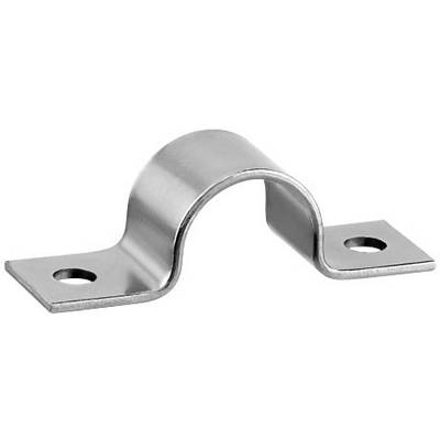 Metal pipe bracket with two screw holes for securing pipes to surfaces. Curved, robust, silver in colour.