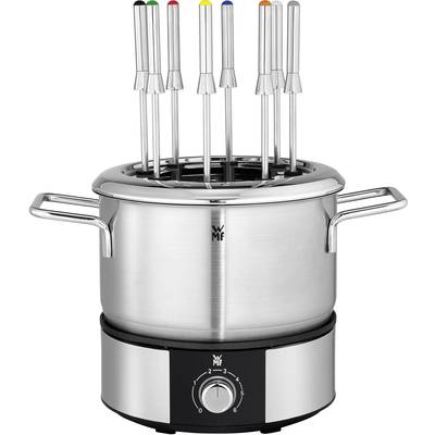 A silver fondue set with six forks, which have coloured markings, stands on a round heating device with a rotary control.