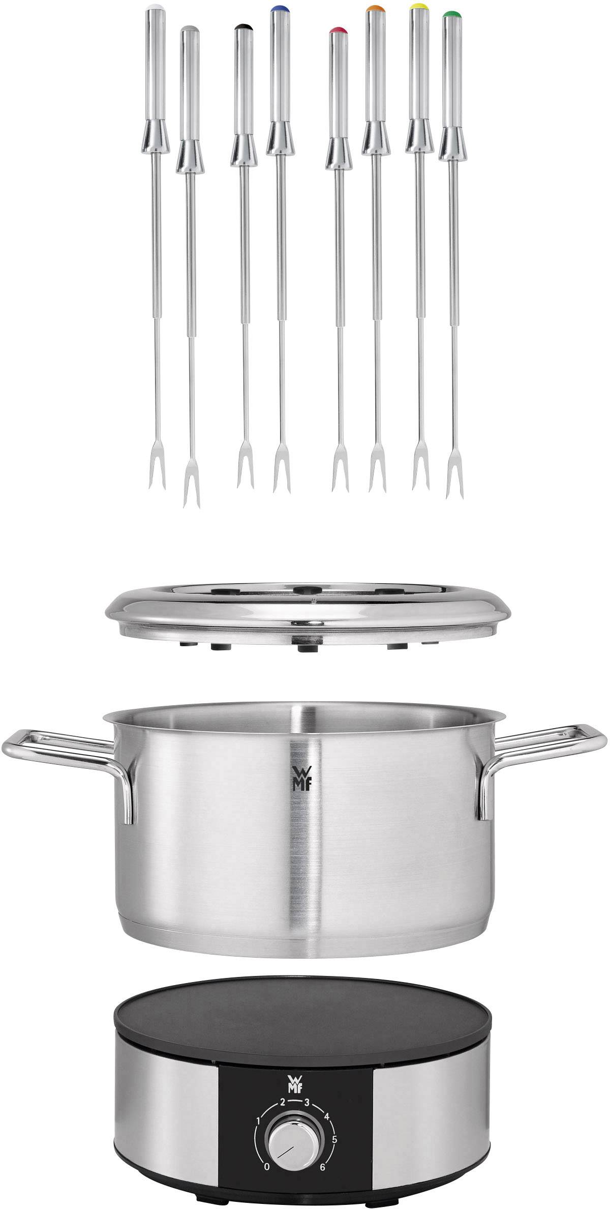 A stainless steel fondue set with eight forks. The set comprises a pot, lid, and electric heating plate with temperature control.