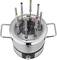 Silver fondue pot with eight forks, each with coloured markings, on an electric base with temperature control.
