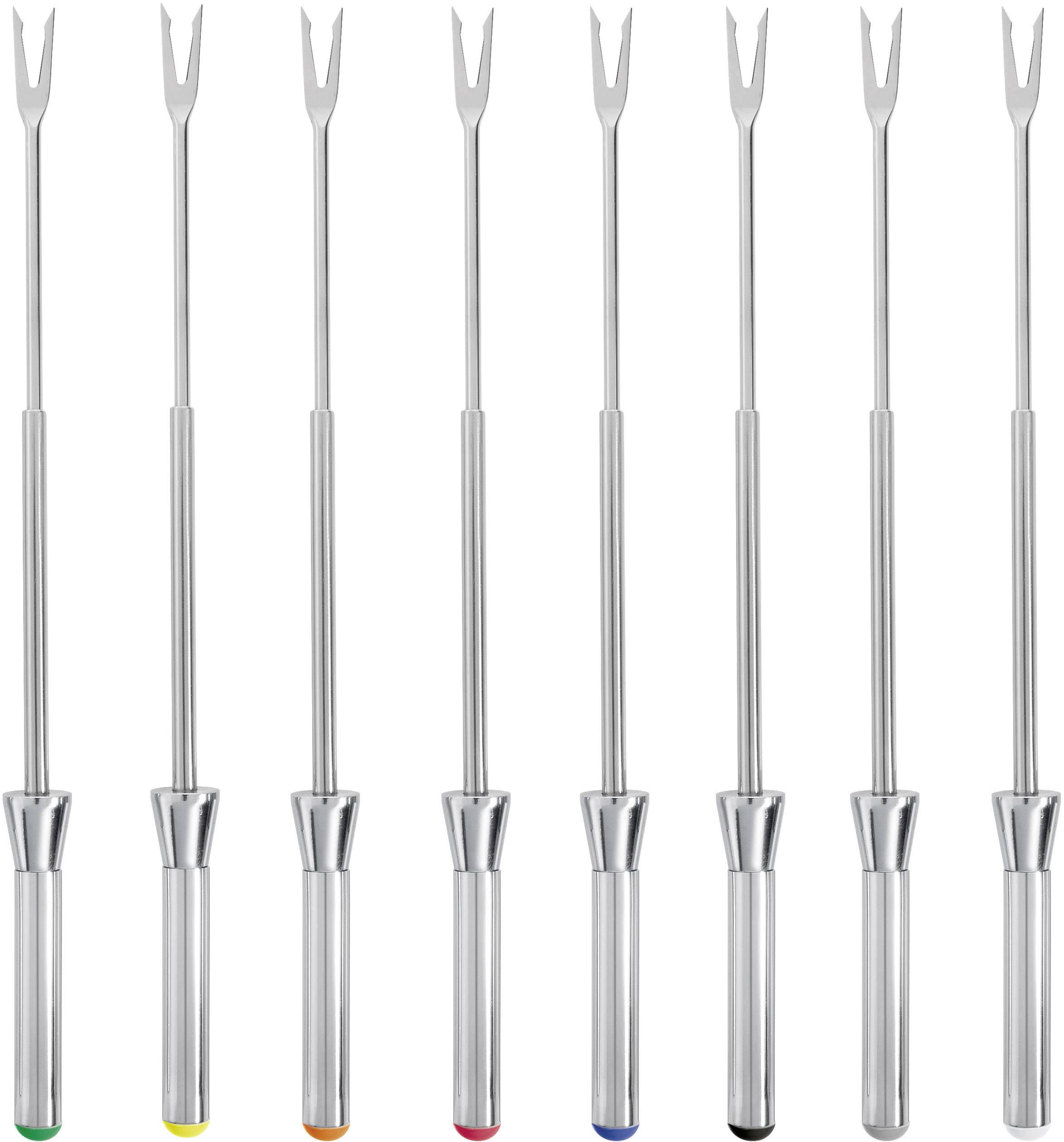 Eight long fondue forks with differently coloured markings on the handle: green, yellow, orange, red, blue, black and two without.