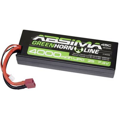 Battery by Absima, labelled: 'Greenhorn Line', 4000 mAh, LiPo, 2S, 7.4V, 45C, 29.6Wh. Contains red and black cables with plug connector.