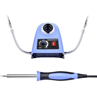 Soldering iron with blue station, temperature control knob and two flexible holders. Suitable for electronics work.