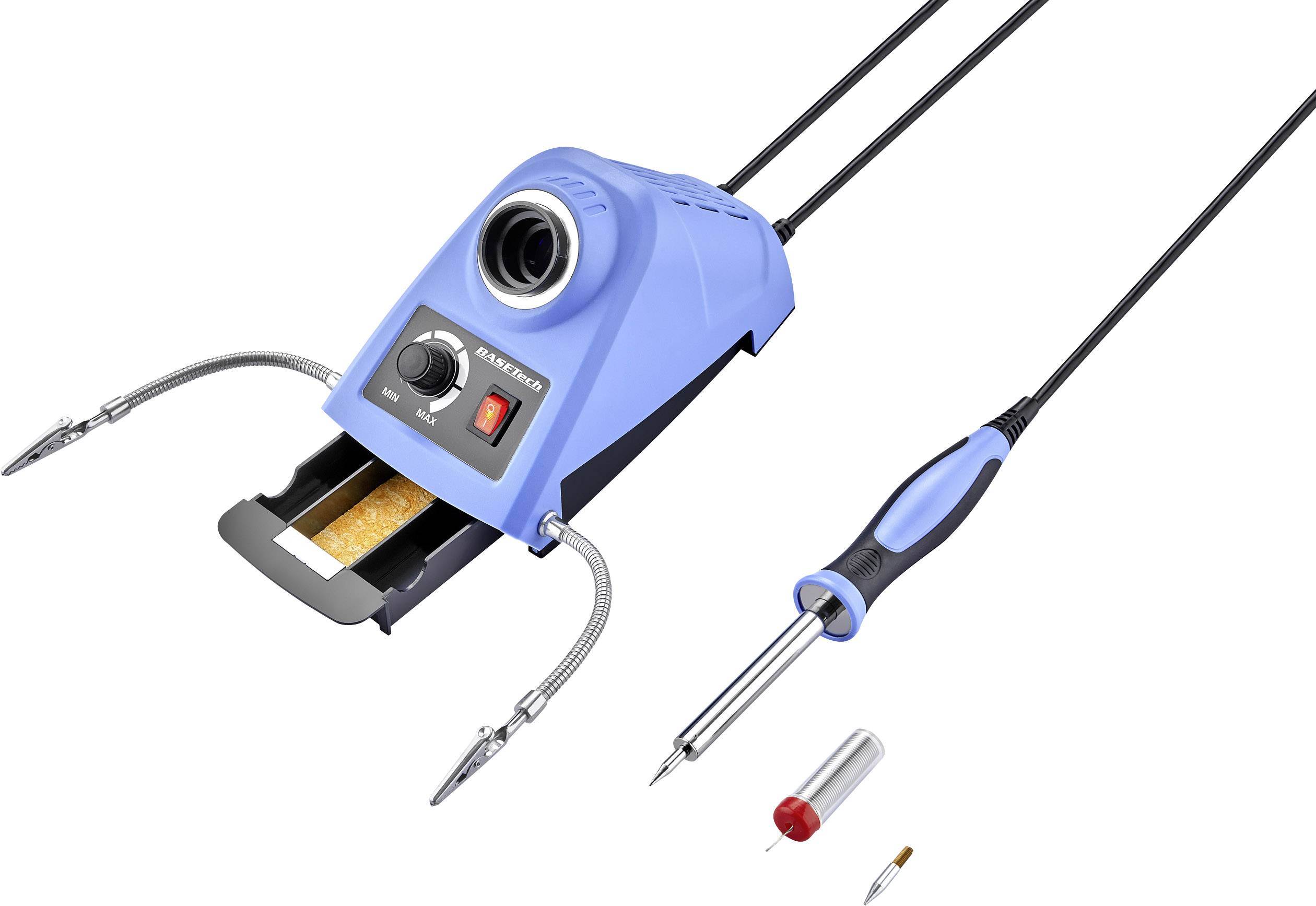 A blue soldering iron with stand, adjustable temperature display and accessories: soldering tip, solder. Suitable for electronics work.