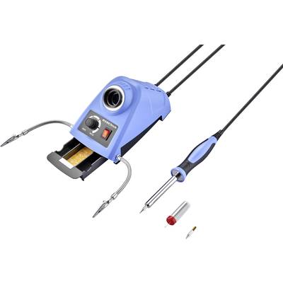 A blue soldering iron with stand, adjustable temperature display and accessories: soldering tip, solder. Suitable for electronics work.