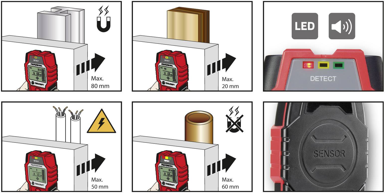 TOOLCRAFT Detector OG 08 1517080 Locating depth (max.) 80 mm Suitable for Non-ferrous metal, Ferrous metal, Live wires, -4