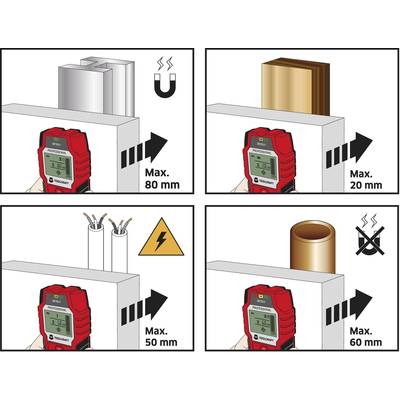 TOOLCRAFT Detector OG 08 1517080 Locating depth (max.) 80 mm Suitable for Non-ferrous metal, Ferrous metal, Live wires, -5