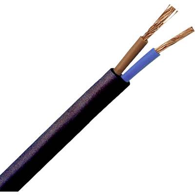 An exposed electrical cable with two copper conductors, one brown and one blue, protrudes from a black insulation layer.