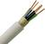 Pictured is a white cable with five exposed, differently coloured cores: green-yellow, blue, brown, and black.