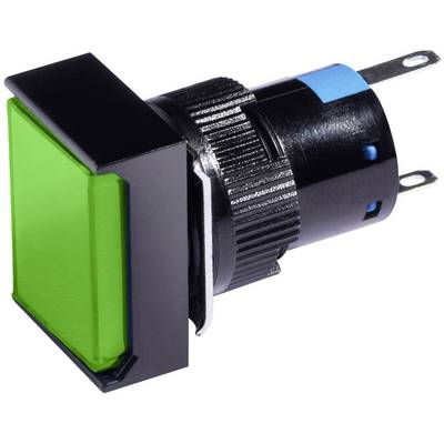 A square, green push button with a black housing and blue markings, suitable for electronic devices.