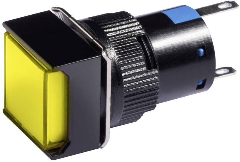 A rectangular yellow push button, mountable, with a black housing and metal terminals, for electrical circuits.