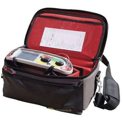 Carry bag with an open lid, containing a measuring device with a digital display and control elements. A paper document is situated on the inside of the lid.