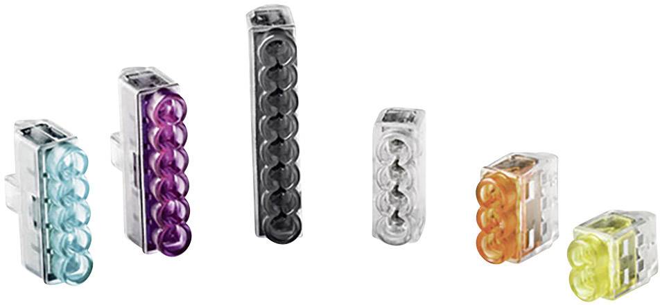 Several multi-coloured cable connectors in various sizes, including purple, black, white, orange and yellow.
