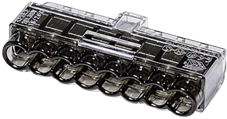 A transparent, rectangular electrical connector with black chambers, suitable for wiring multiple cables.