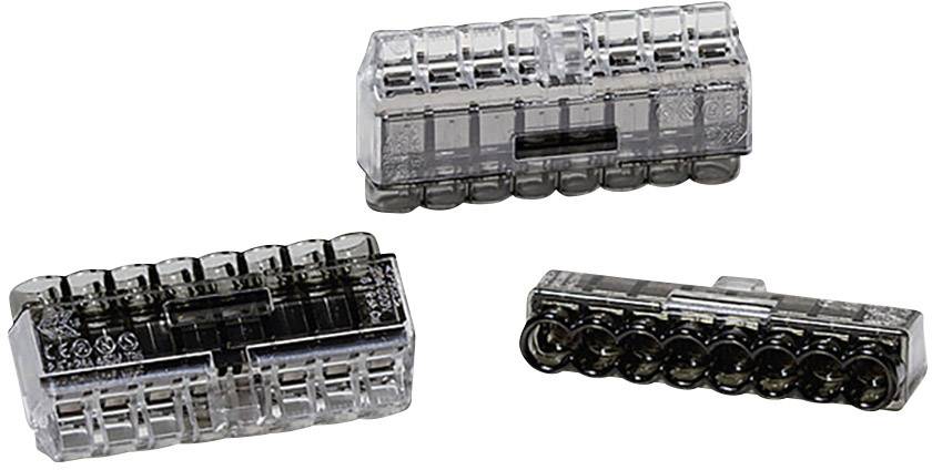 Three transparent plug-in terminal blocks shown in various positions; usable for connecting electrical wires.