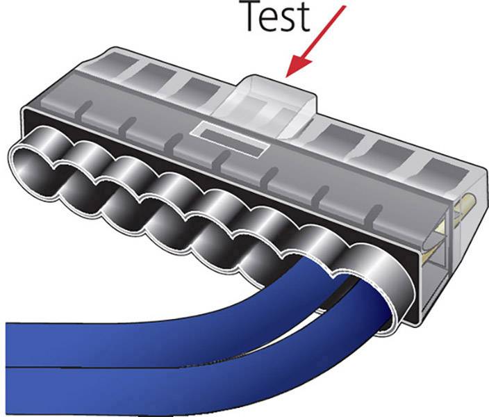 A plug connected to several blue cables, labelled 'Test', points to a specific spot on the plug.