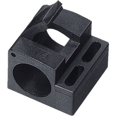 Black plastic component with a rectangular shape and circular opening, likely a clamping or mounting element.