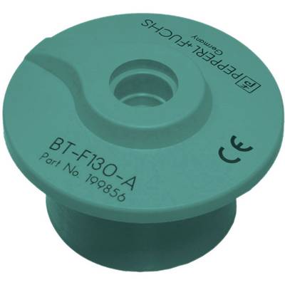 Green plastic cover with inscription 'BT-F130-A, Part No. 199856, Pepperl+Fuchs', CE marking.