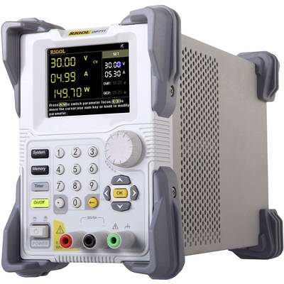 A white, grey and yellow digital laboratory power supply with a display showing values of 30V, 4.99A. Buttons and connectors on the front panel.