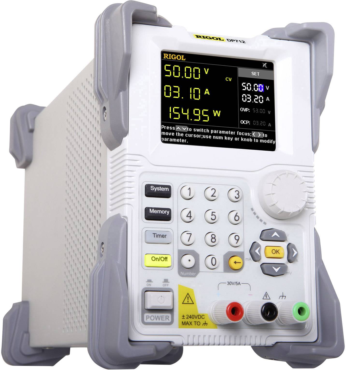 A laboratory power supply with a digital display shows '50.00 V', '3.10 A'. Various buttons and connectors are visible. Model: RIGOL DP712.