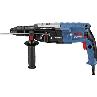 A blue and black Bosch drill hammer with a red accent, suitable for professional applications. Includes a front grip handle for stabilisation.