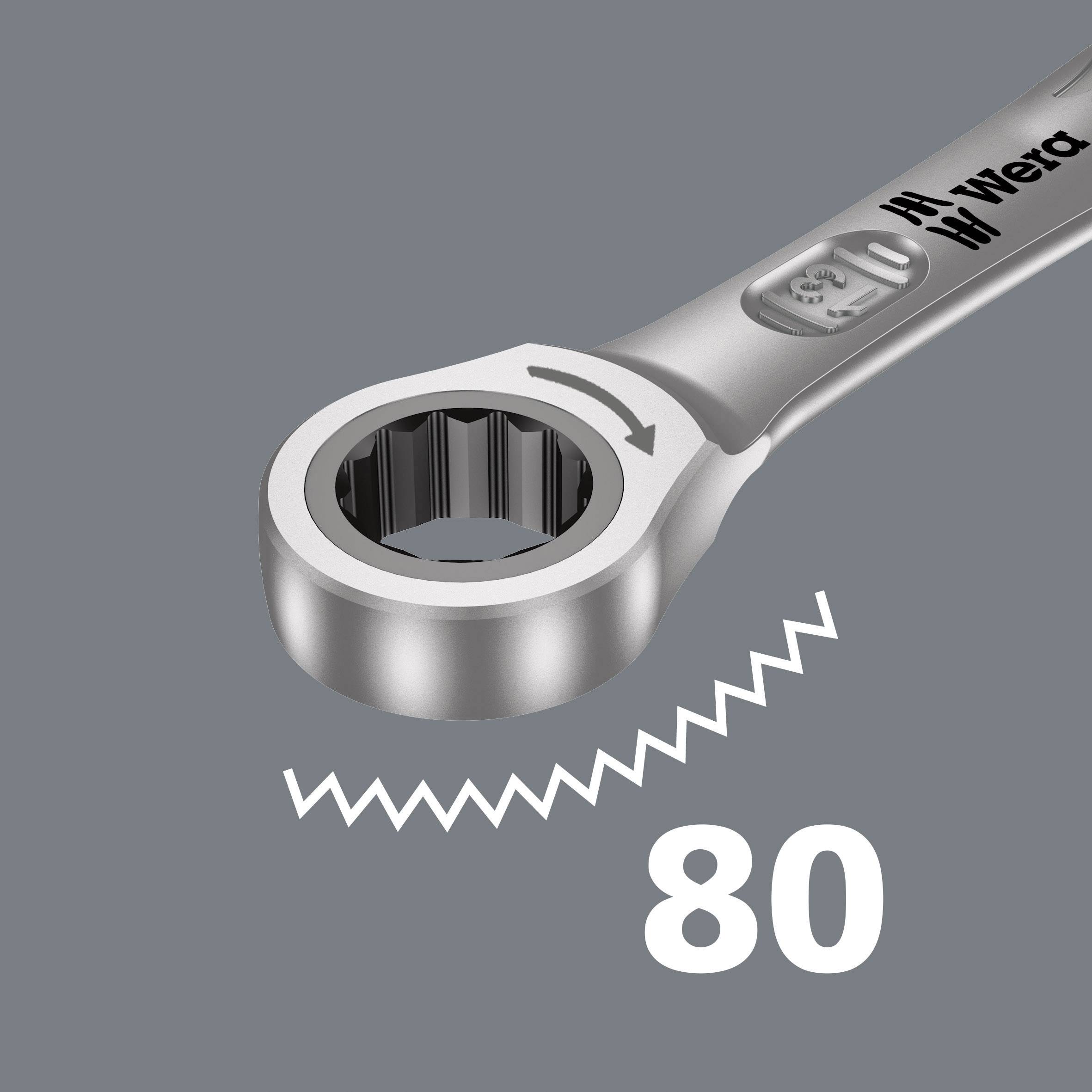 A silver ratchet spanner lies on a grey background with the number '80' underneath.