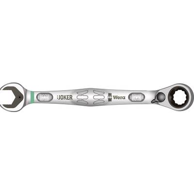 A double-sided spanner with an open jaw and ratchet ring, silver-coloured, with 'Joker' and 'Wera' logos in the centre.