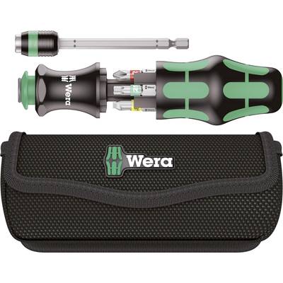 'Wera Screwdriver Set' with ergonomic handle, interchangeable blades and fabric case, ideal for precision work. Includes colour-coded bits.