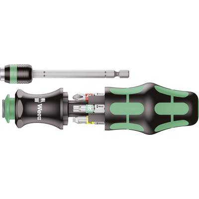 Screwdriver with a green and black handle and interchangeable bits. An integrated bit holder allows flexible bit storage.