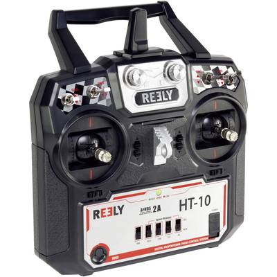 A black remote control with two joysticks, toggle switches and the print 'REELY HT-10'. It is used for controlling models.