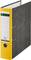Yellow Leitz lever arch file with a black spine, standing upright. File has two lever mechanisms and a label for writing.