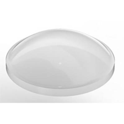A clear, curved lens on a white background, showing its transparency and curved shape, typically used for optical purposes.