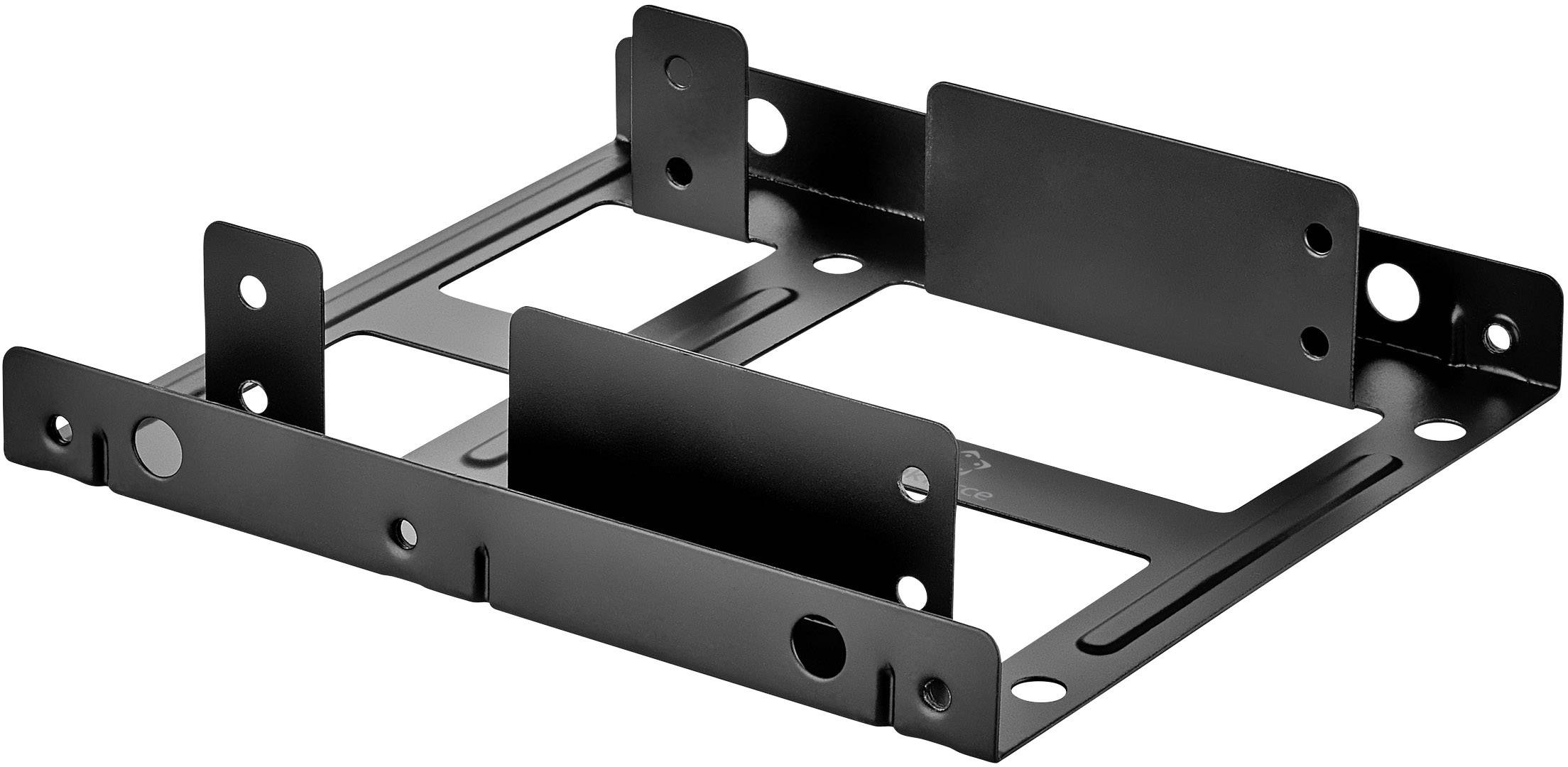 Metal mounting frame for installing two 2.5-inch drives in a 3.5-inch bay, black, with screw holes on the sides.