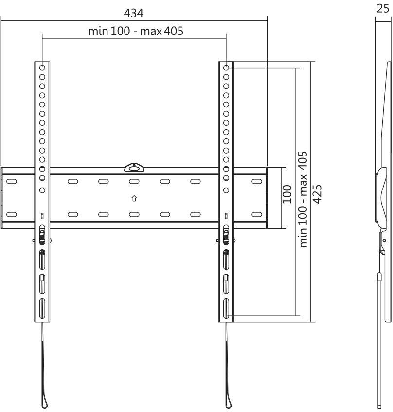 Wall mount for TV installation, dimensions: width 434 mm, height adjustable from 100 to 405 mm. Side view shows depth of 25 mm.