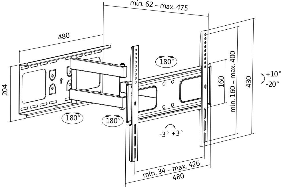 Image of a TV wall mount with adjustable arms. Dimensions and rotation angles are specified: Width 480 mm, Height 430 mm, Tilt -3° to +3°, Swivel range 180°.