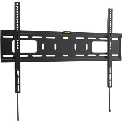 Black, flat metal TV wall mount with multiple slots and a built-in spirit level in the centre.